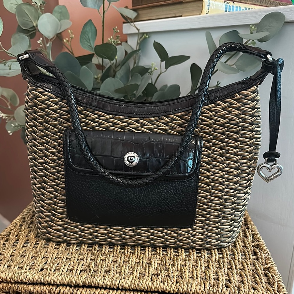 Brighton Edna woven black trim shoulder braided rope strap heart pockets purse